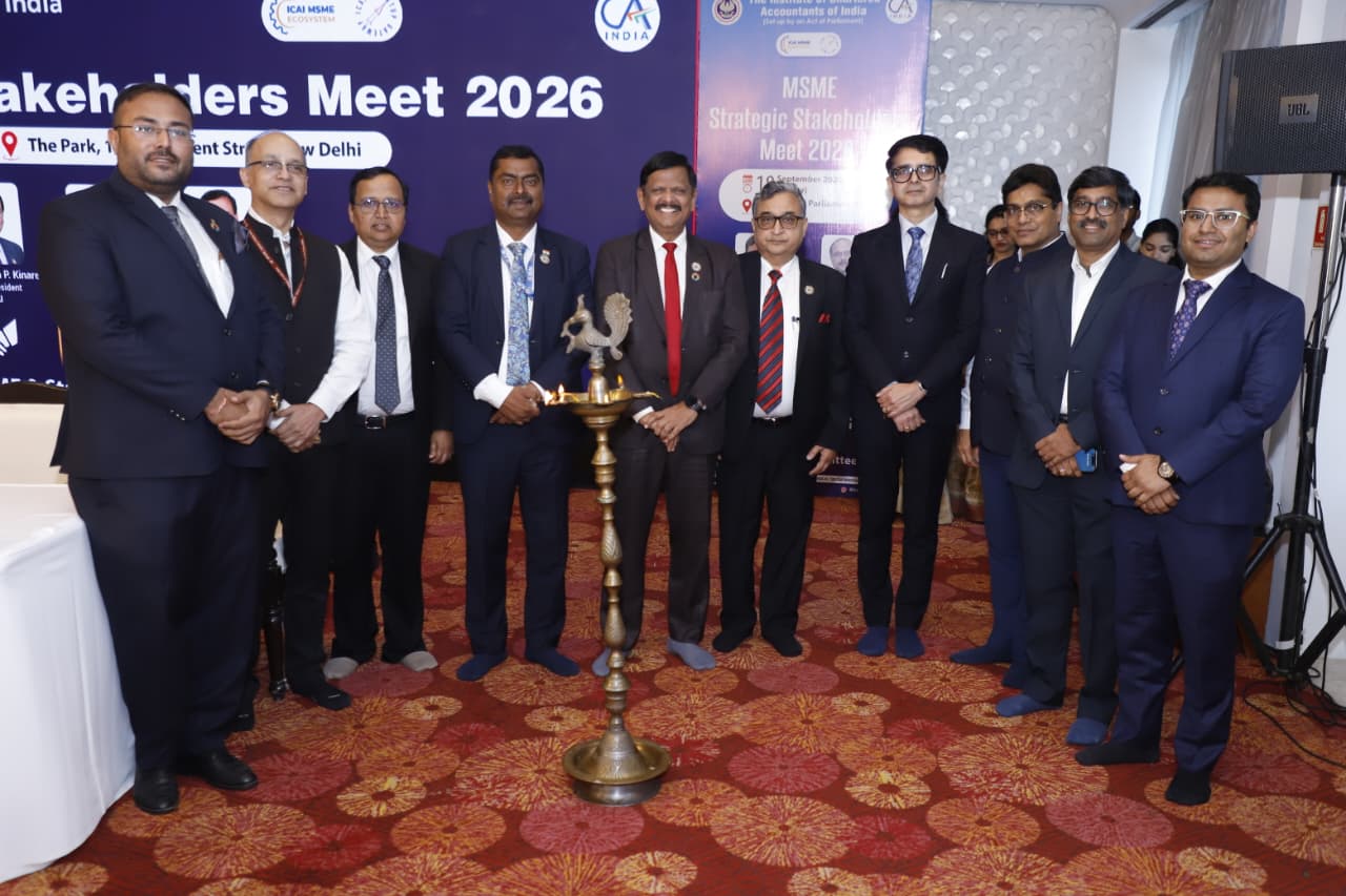 CA. Prasanna Kumar D, President, ICAI along with CA. Gyan Chandra Misra, Chairman & CA. Sanjay Kumar Agarwal, Vice-Chairman, MSME & Start-up Committee of ICAI and ICAI Central Council Members- CA.(Dr.) Sanjeev Kumar Singhal, CA. Umesh Sharma and CA. Ravi Patwa and other dignitaries during MSME Stakeholders Meet 2026 organised on September 18, 2026, in New Delhi.